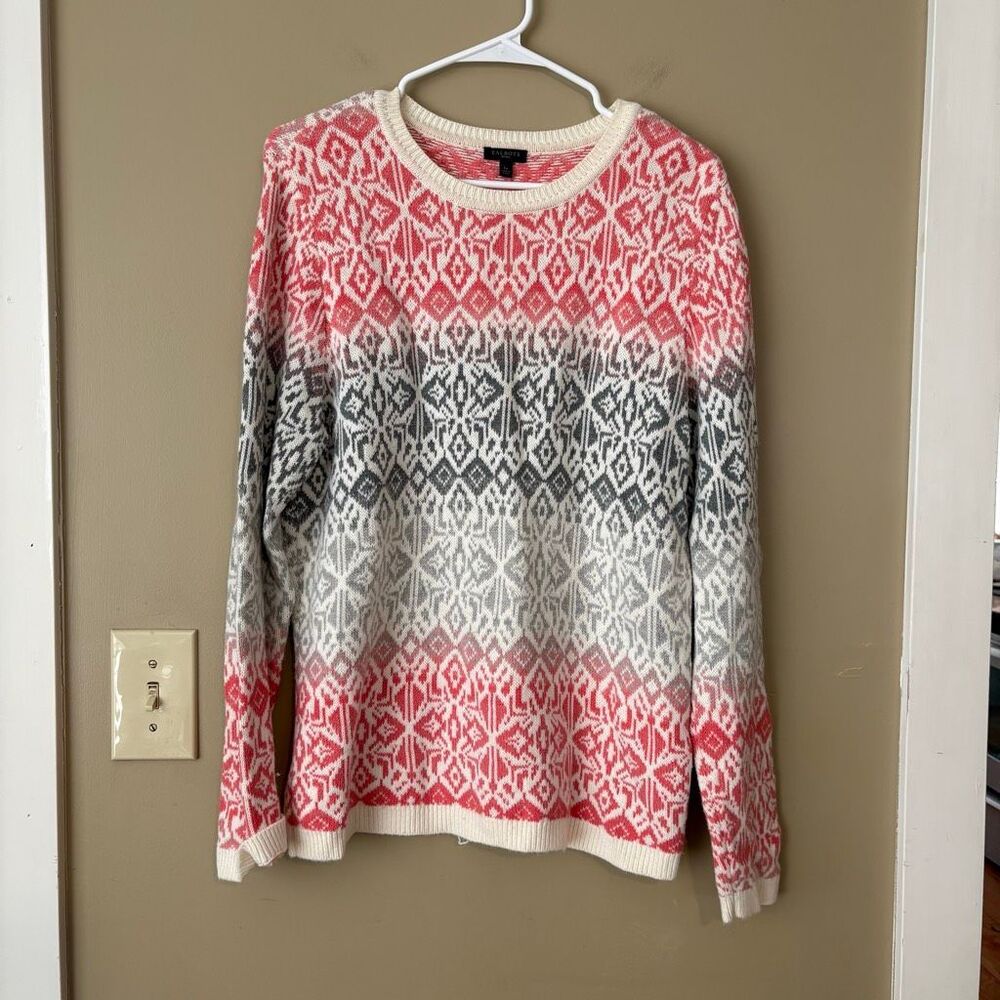Talbots Women Pullover Pink Gray Ombre Fair Isle Wool Blend Sweater Petite Large